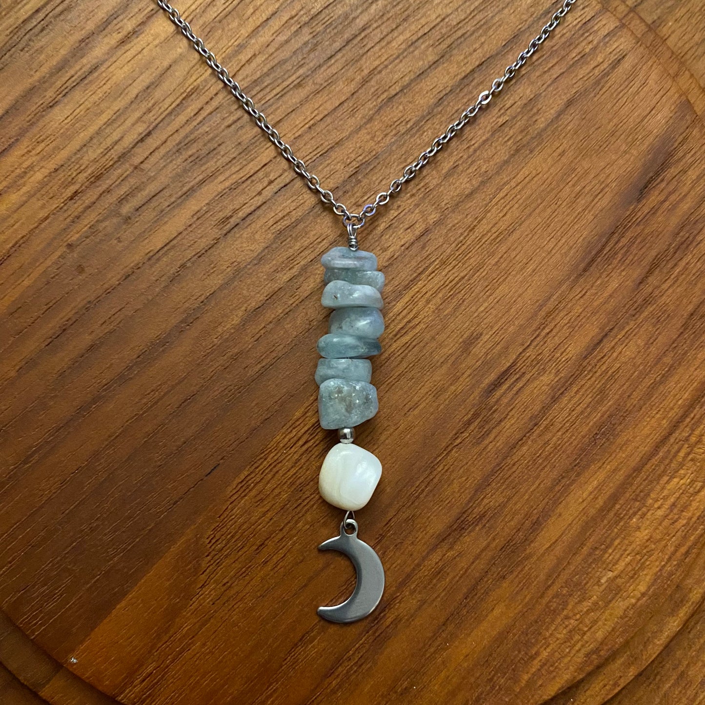 Aquamarine, Mother of Pearl Celestial Necklace.