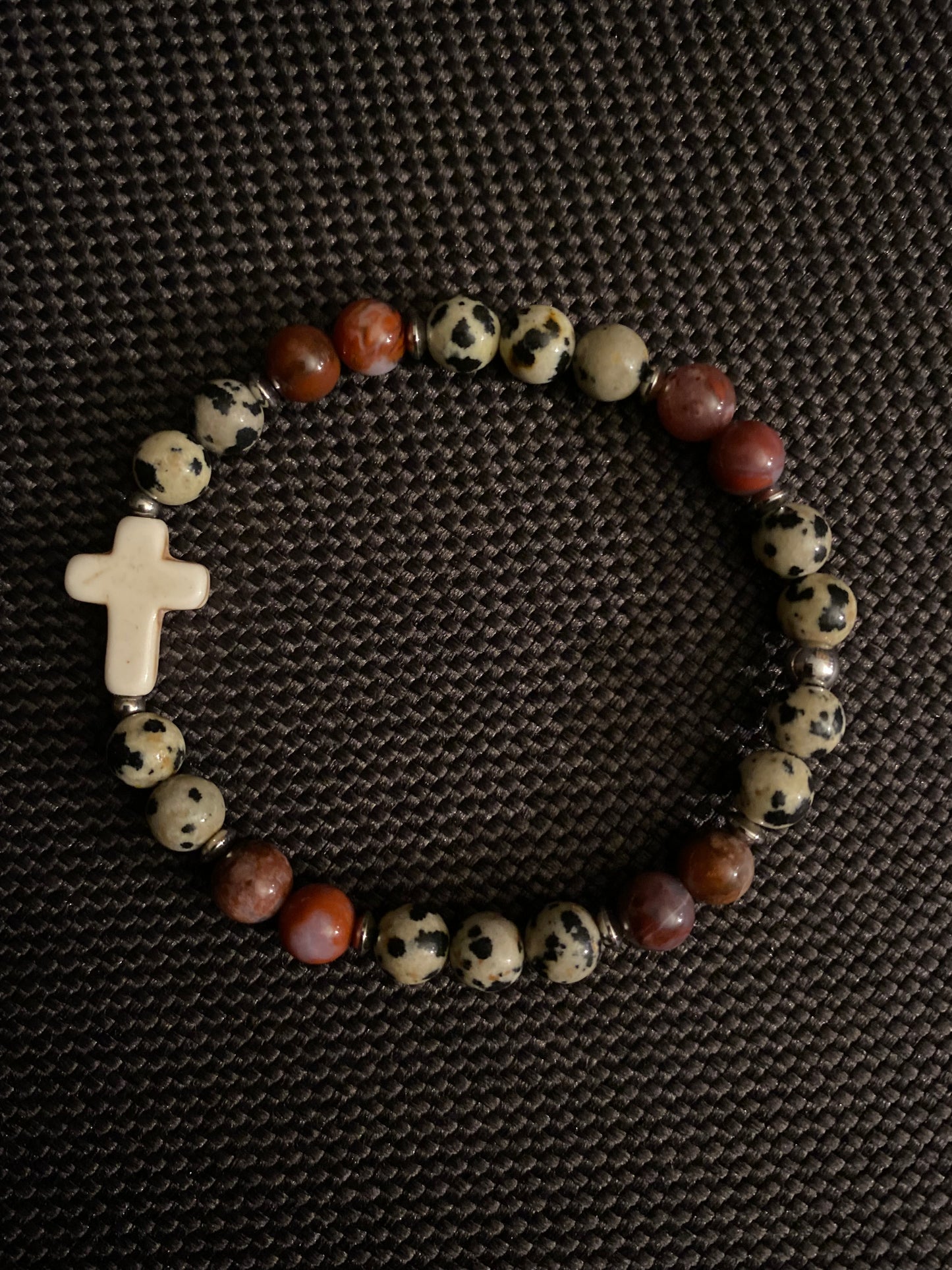 Dalmatian & Portuguese Agate Cross Bracelet