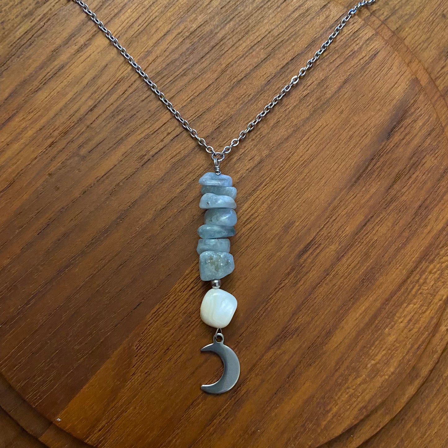 Aquamarine, Mother of Pearl Celestial Necklace.
