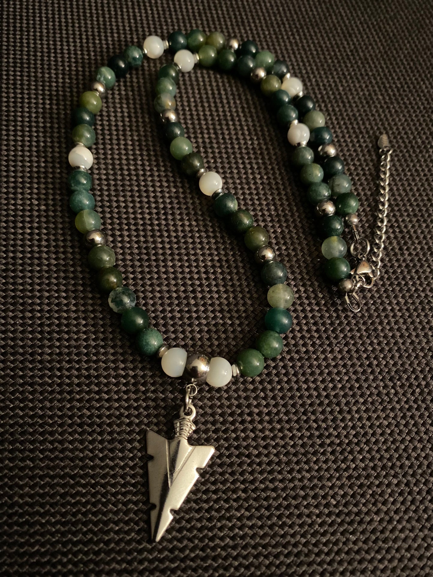 Arrowhead & Moss Agate Necklace w/ MOP accent beads