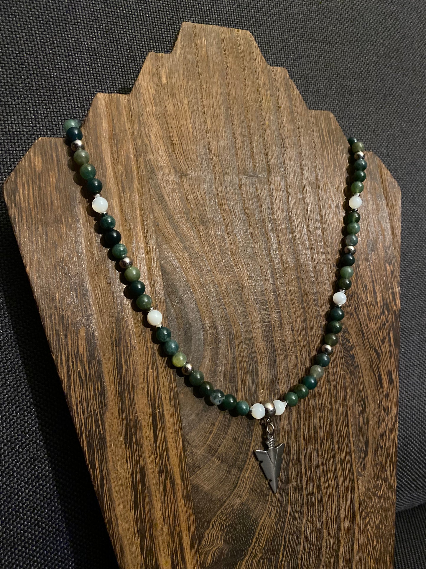 Arrowhead & Moss Agate Necklace w/ MOP accent beads
