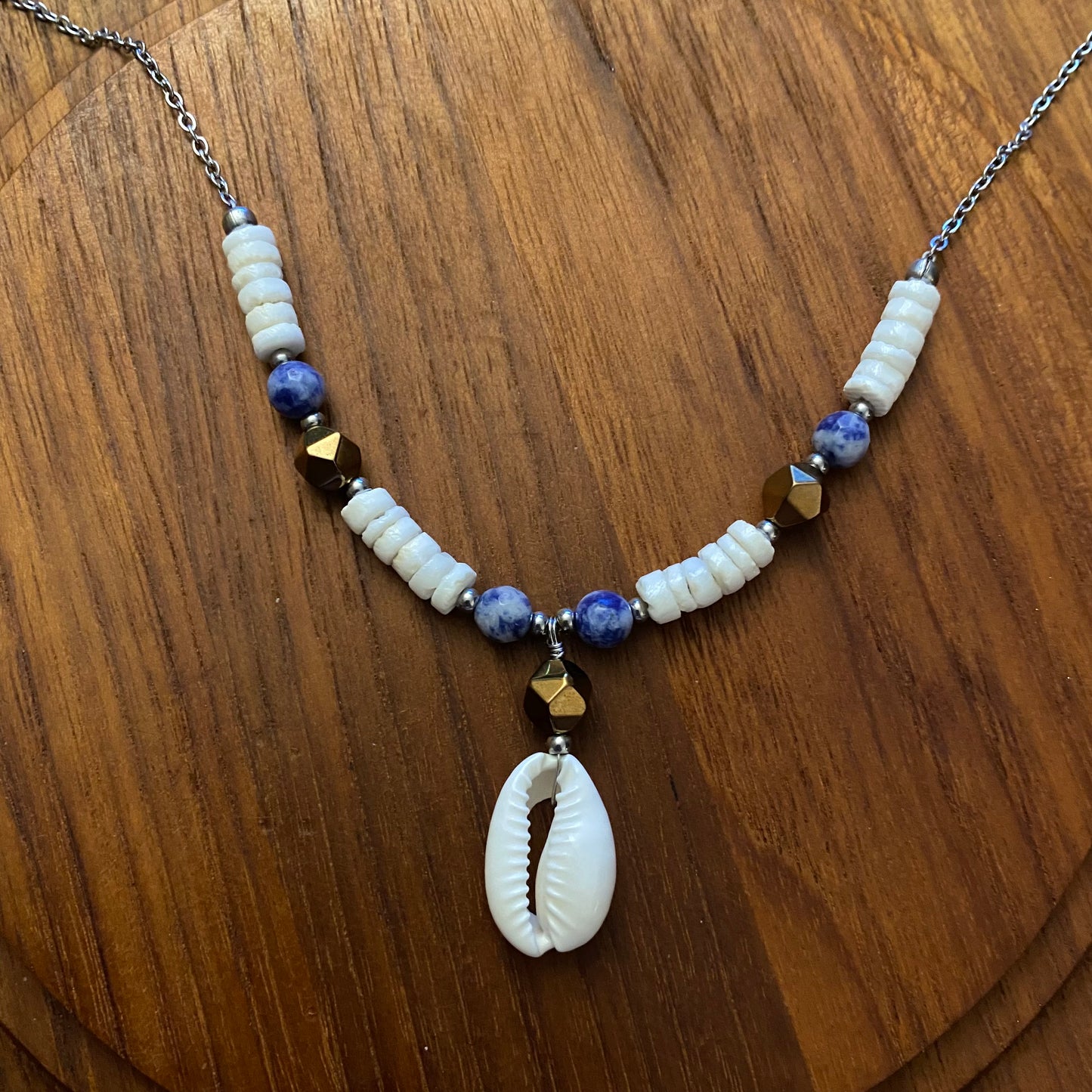 Denim Lapis Lazuli & Cowrie Seashell Necklace