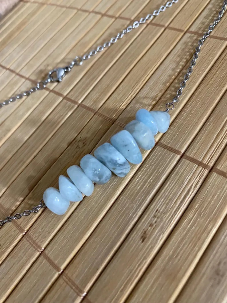 Aquamarine Nugget Bead Bar Necklace