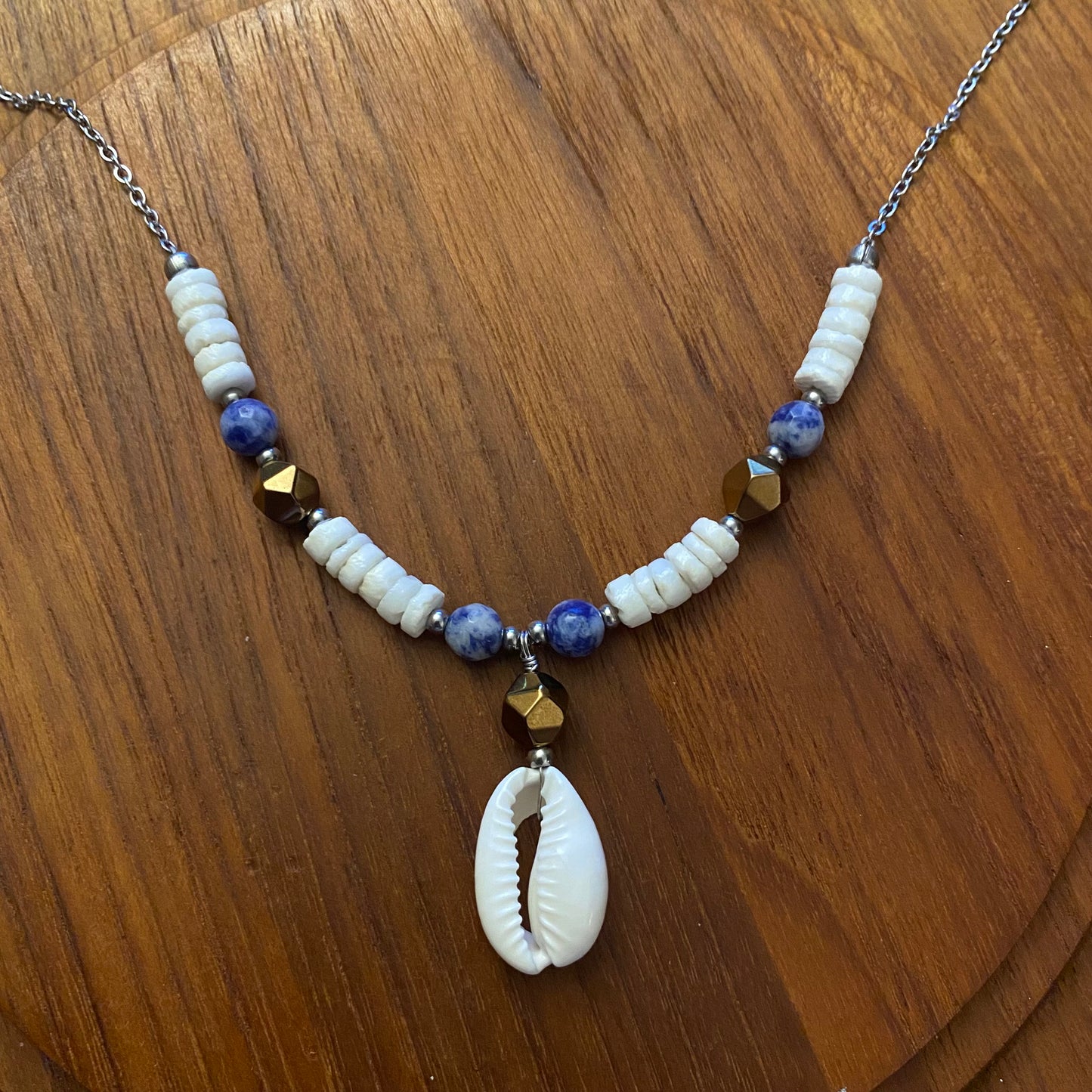Denim Lapis Lazuli & Cowrie Seashell Necklace