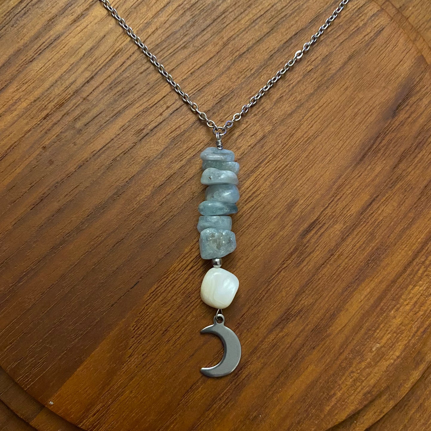 Aquamarine, Mother of Pearl Celestial Necklace.