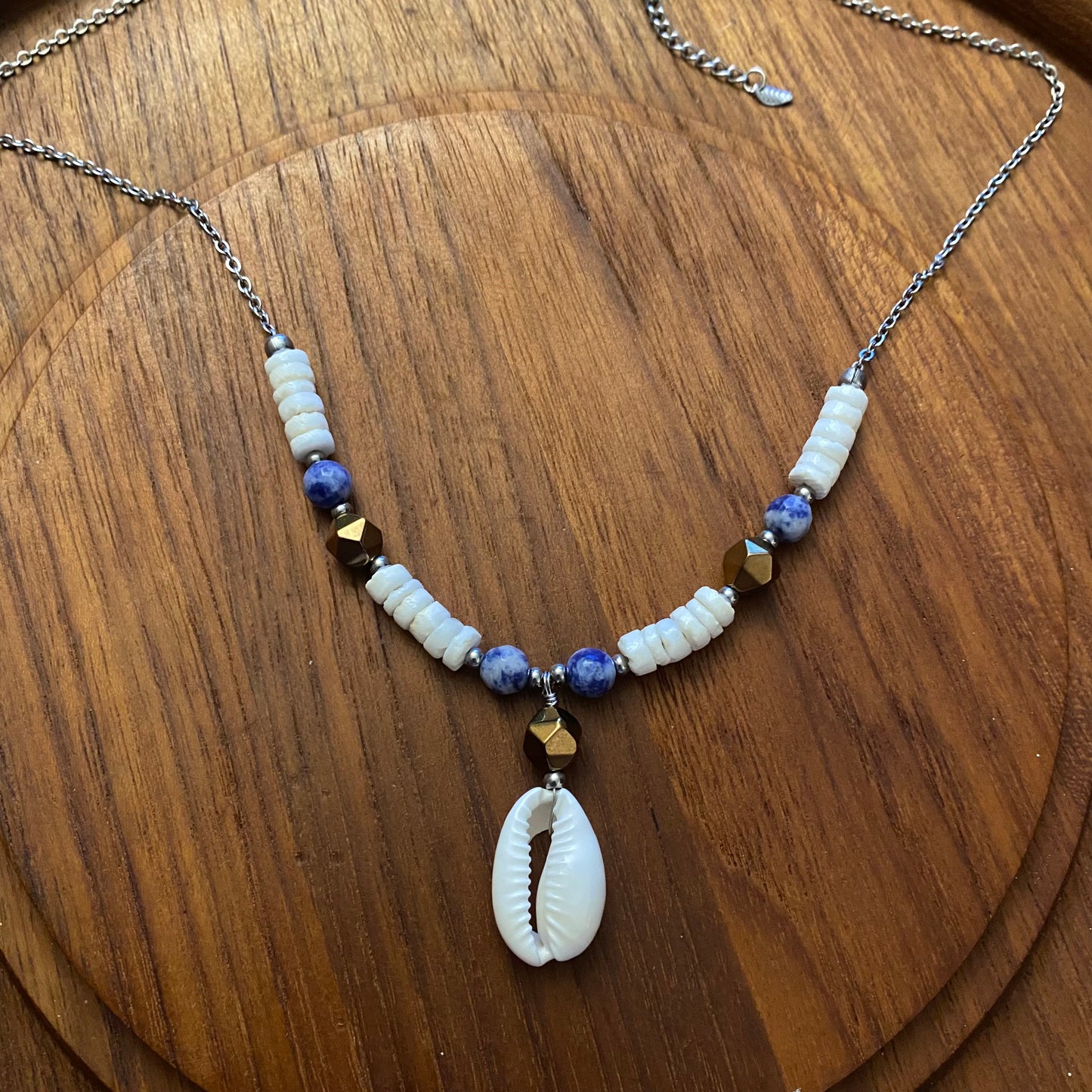 Denim Lapis Lazuli & Cowrie Seashell Necklace