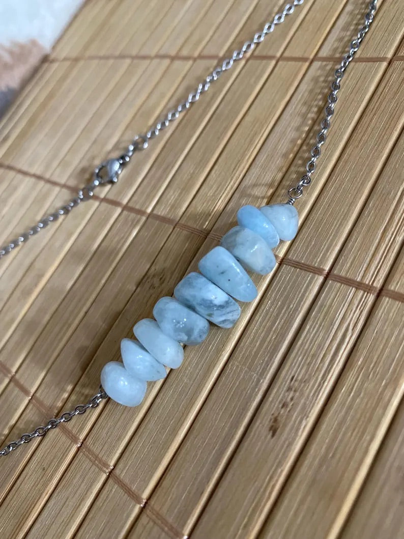 Aquamarine Nugget Bead Bar Necklace