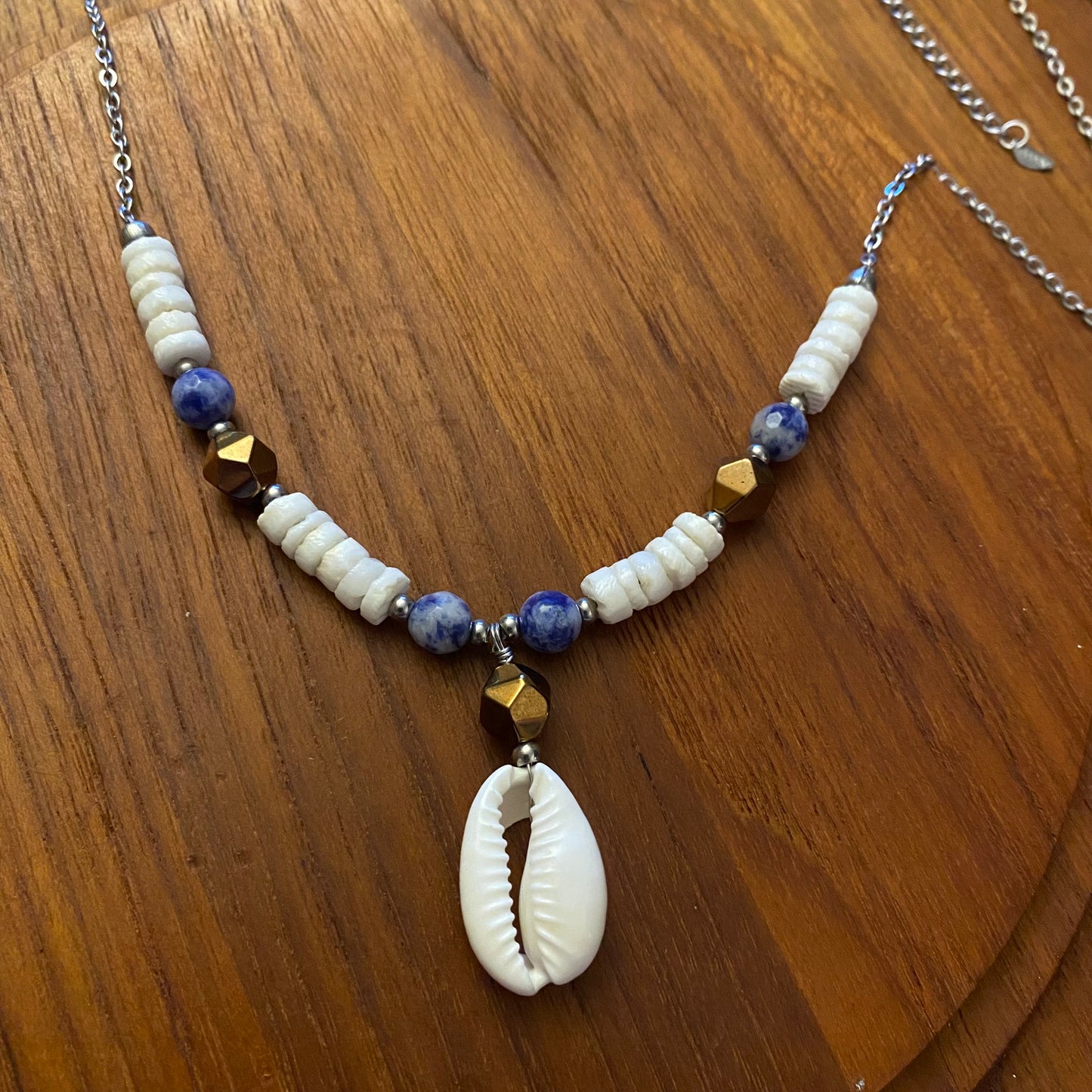 Denim Lapis Lazuli & Cowrie Seashell Necklace