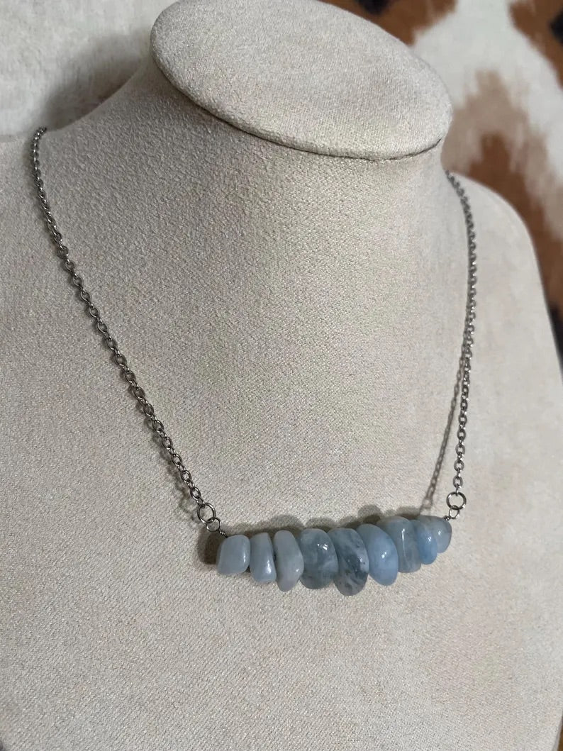 Aquamarine Nugget Bead Bar Necklace