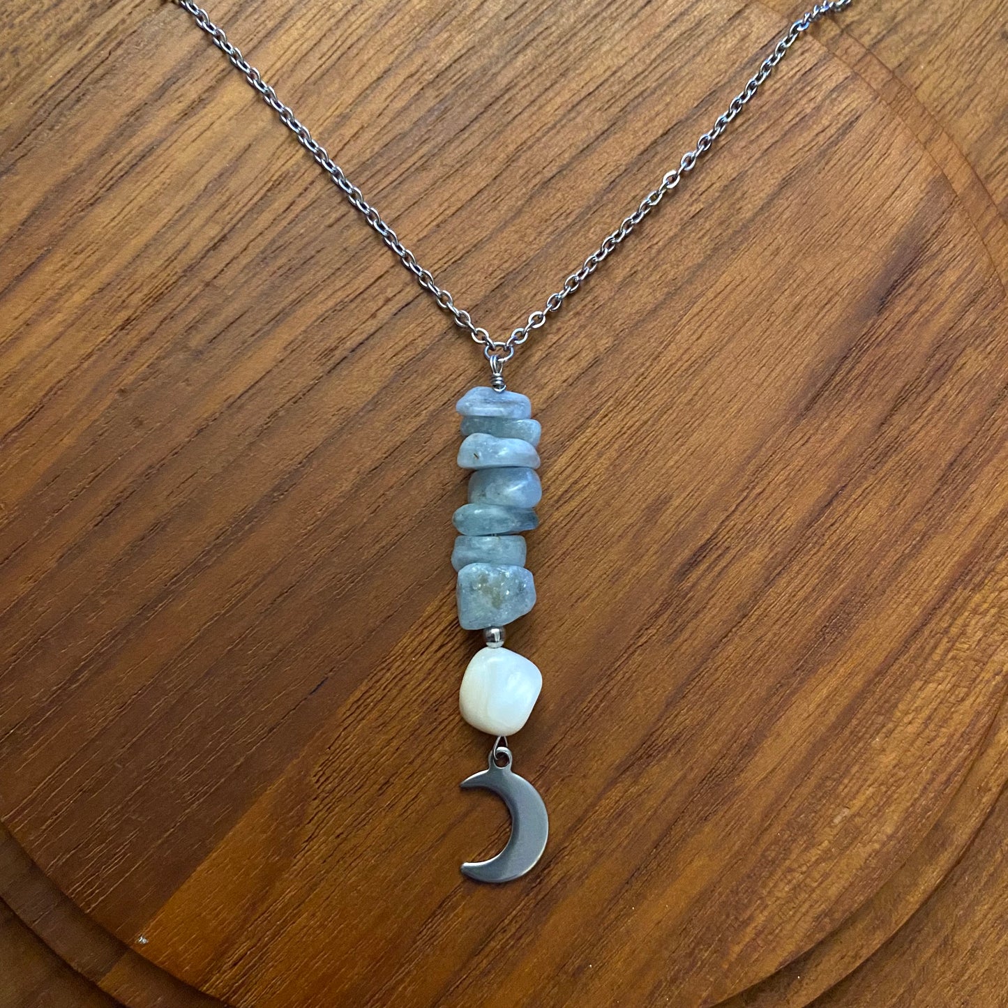 Aquamarine, Mother of Pearl Celestial Necklace.
