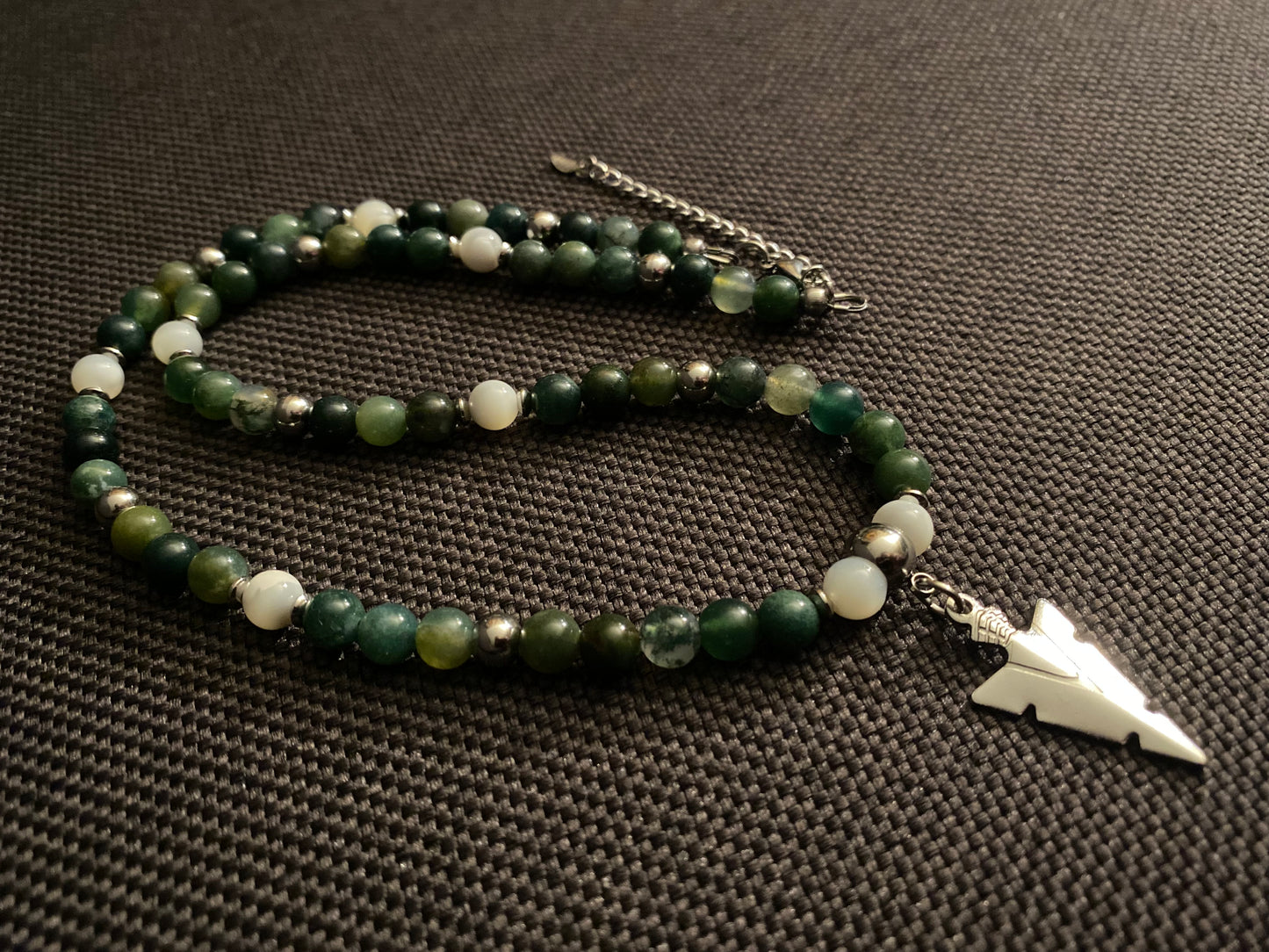 Arrowhead & Moss Agate Necklace w/ MOP accent beads