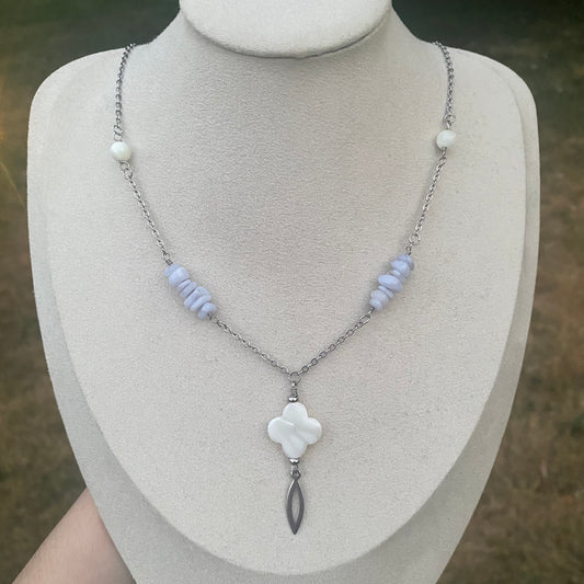 Mother of Pearl Clover, Blue Lace Agate Necklace
