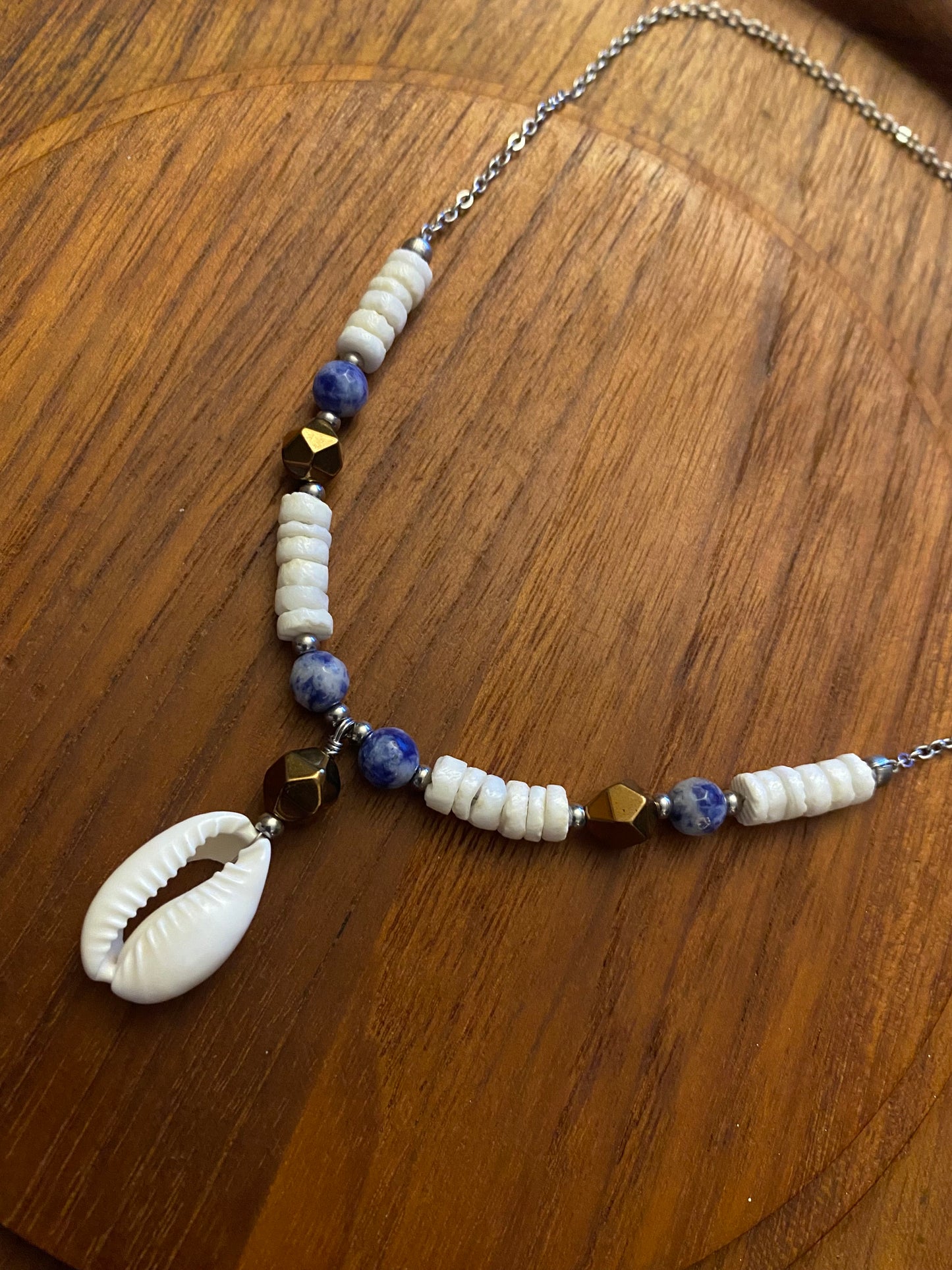 Denim Lapis Lazuli & Cowrie Seashell Necklace