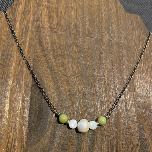 Pearl & Green Jade Gunmetal Necklace