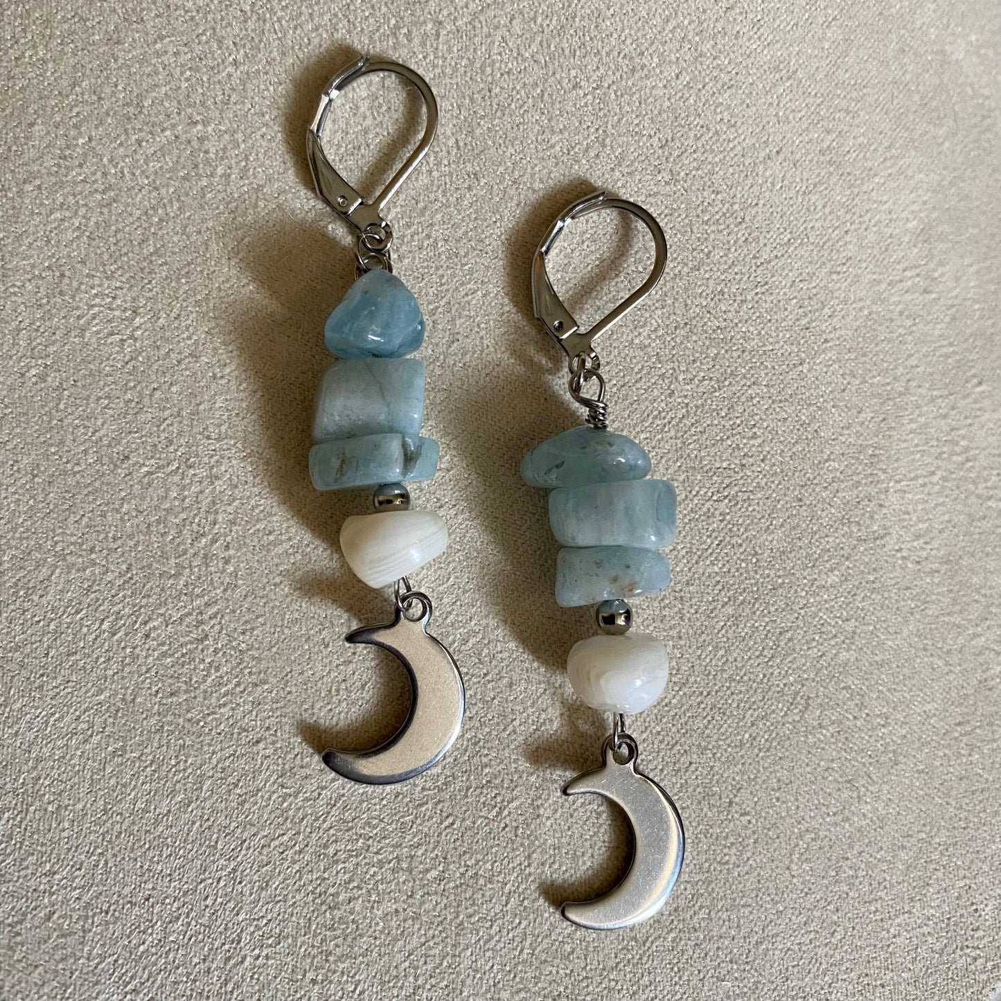 Aquamarine, Mother of Pearl Celestial Earrings